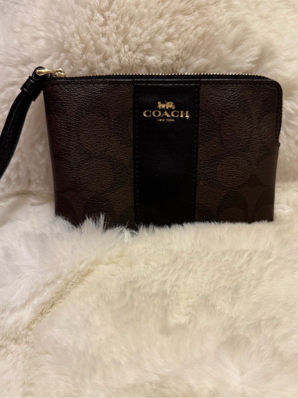 COACH Brown and Black Signature Wristlet with Gold Logo